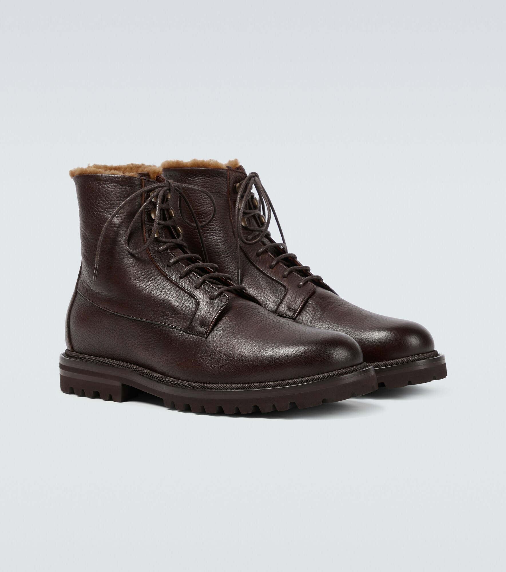 Brunello Cucinelli Shearling Lined Leather Lace Up Boots Brunello