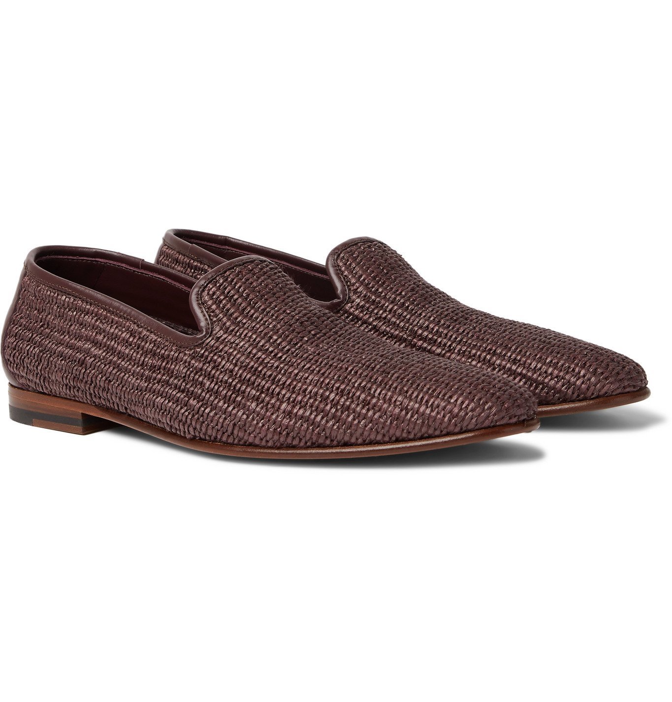 Manolo Blahnik Mario Leather Trimmed Raffia Loafers Brown Manolo