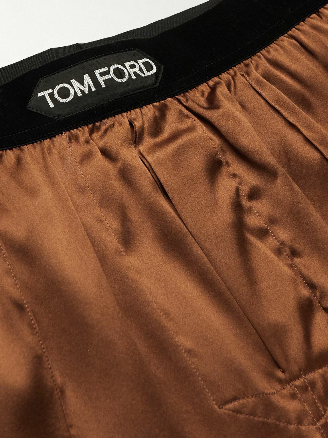 TOM FORD Velvet Trimmed Stretch Silk Satin Pyjama Trousers Brown