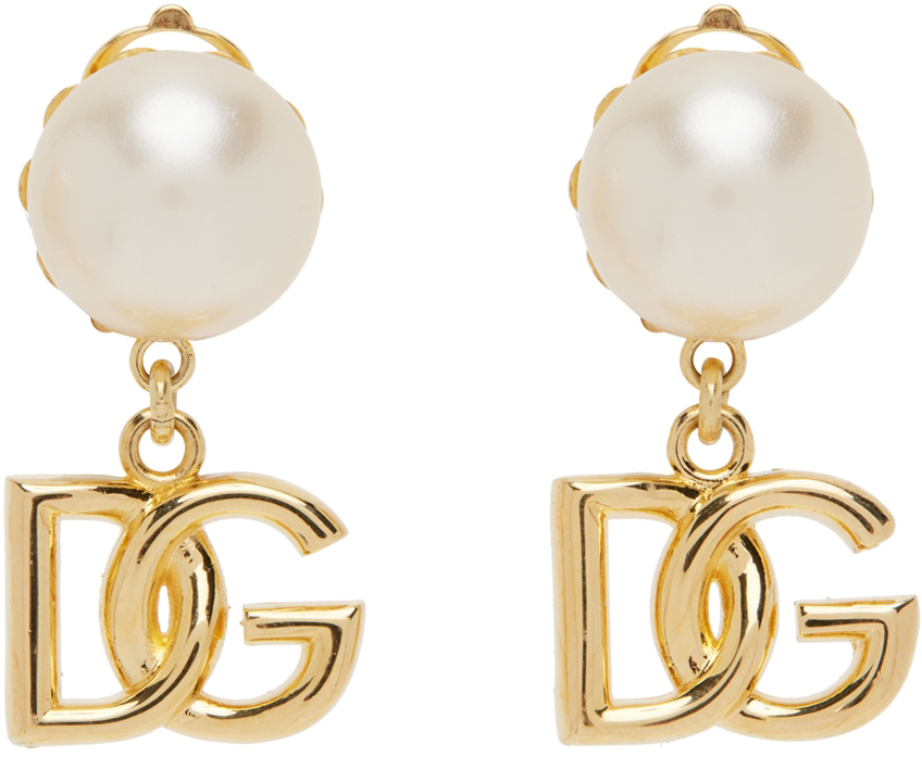 Dolce Gabbana Gold Pearl DG Clip On Earrings Dolce Gabbana