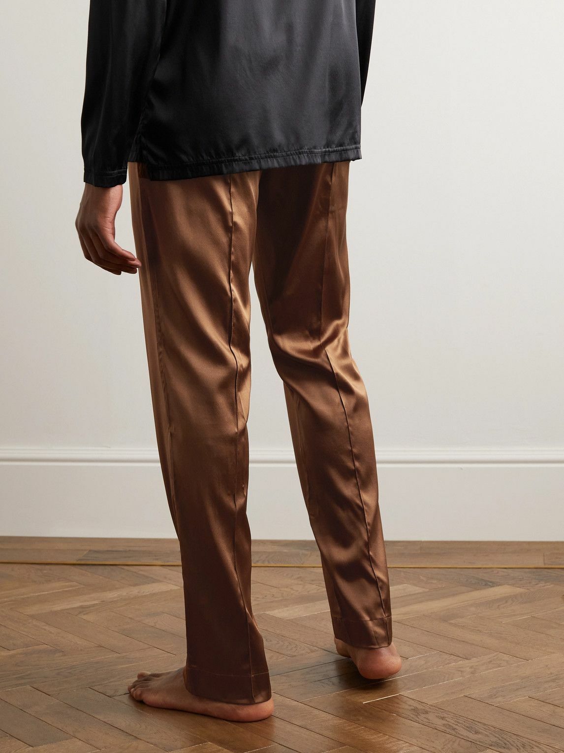 Tom Ford Velvet Trimmed Stretch Silk Satin Pyjama Trousers Brown