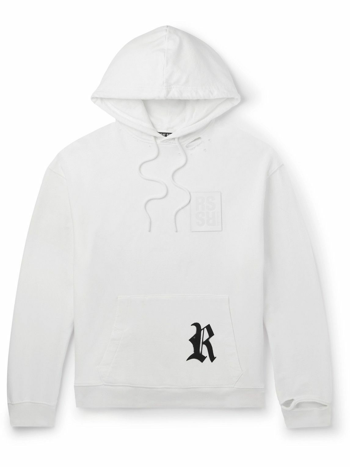 Raf Simons - Leather-Trimmed Distressed Logo-Print Cotton-Jersey Hoodie ...