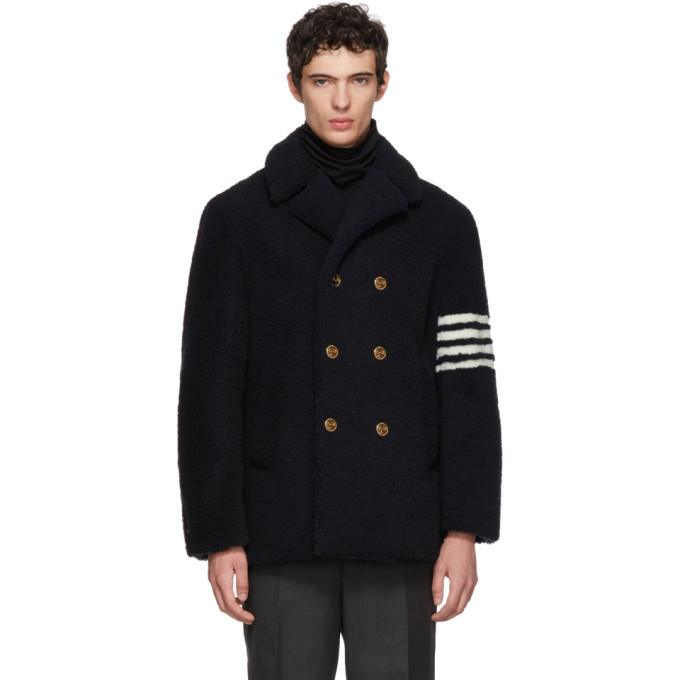 Thom Browne Navy Shearling Unconstructed Classic Peacoat Thom Browne