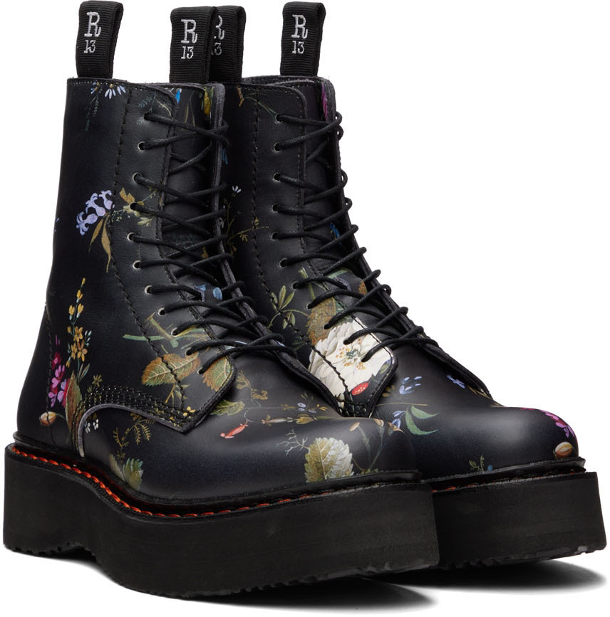 R13 Black Floral Single Stack Platform Lace Up Boots R13 7610