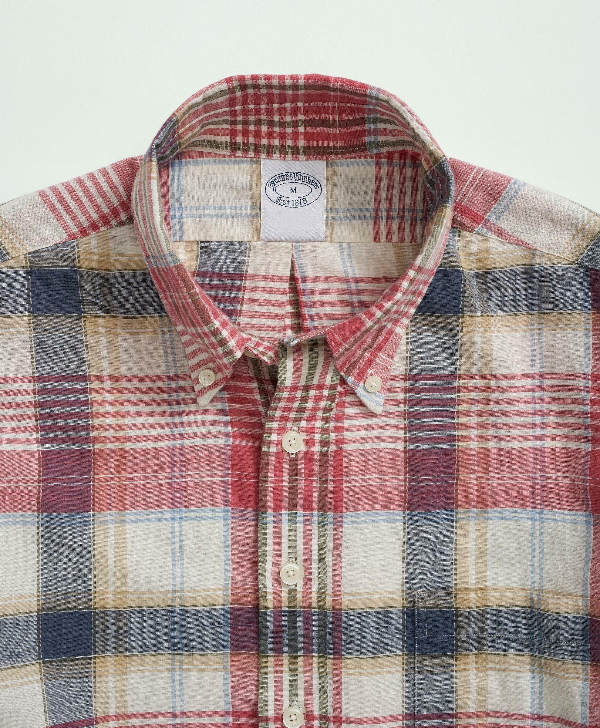Brooks Brothers Men's Washed Cotton Madras Popover Button-Down Collar Sport Shirt | Red
