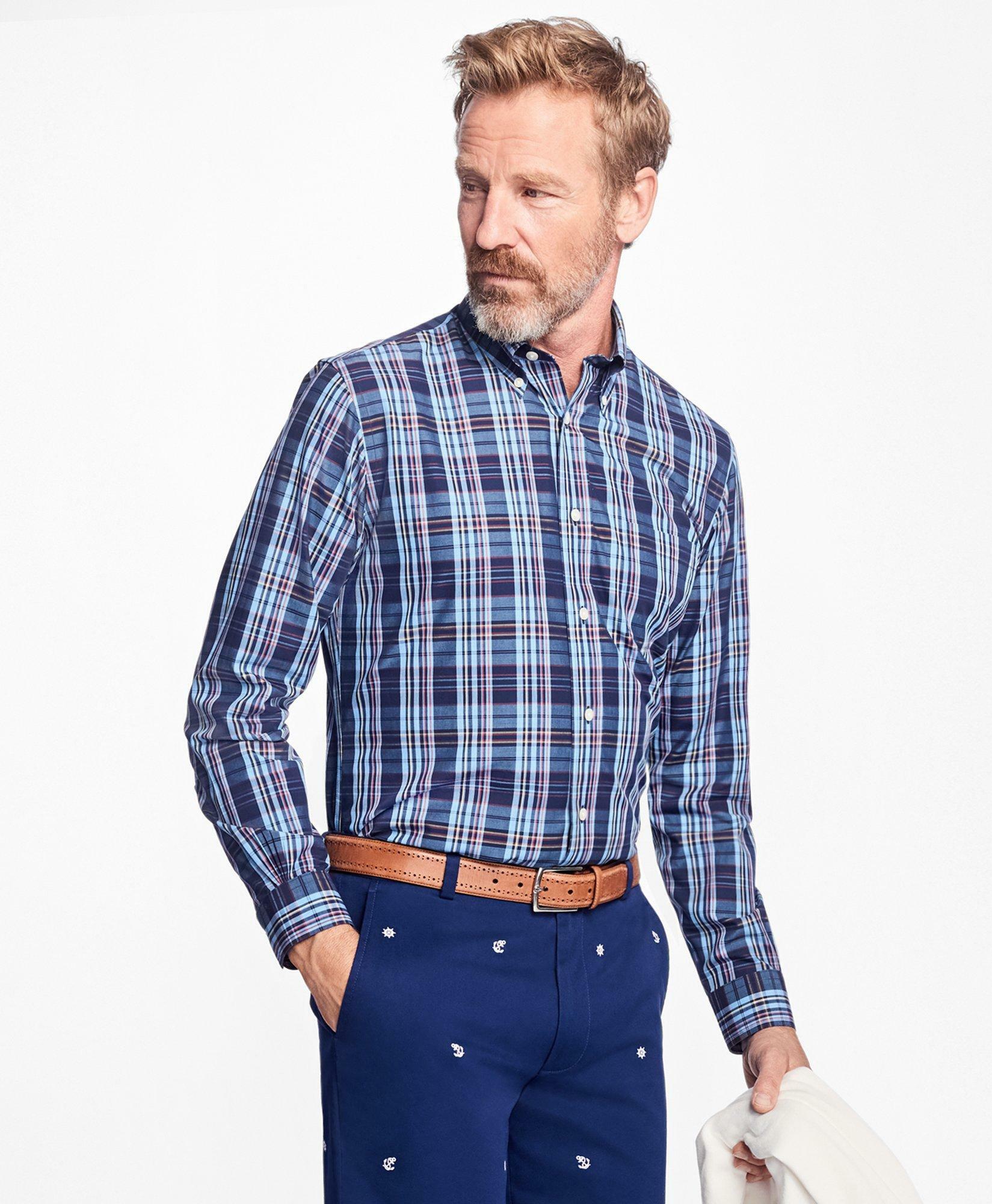 Brooks Brothers Men's Regent Regular-Fit Sport Shirt, Non-Iron Multi-Plaid | Blue