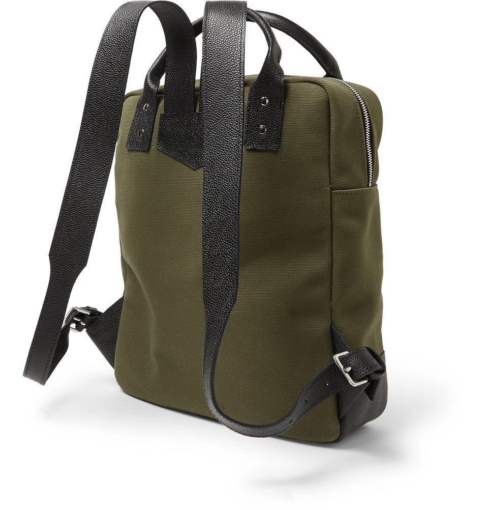 Oliver Spencer - Full-Grain Leather and Cotton-Canvas Backpack - Men - Army green