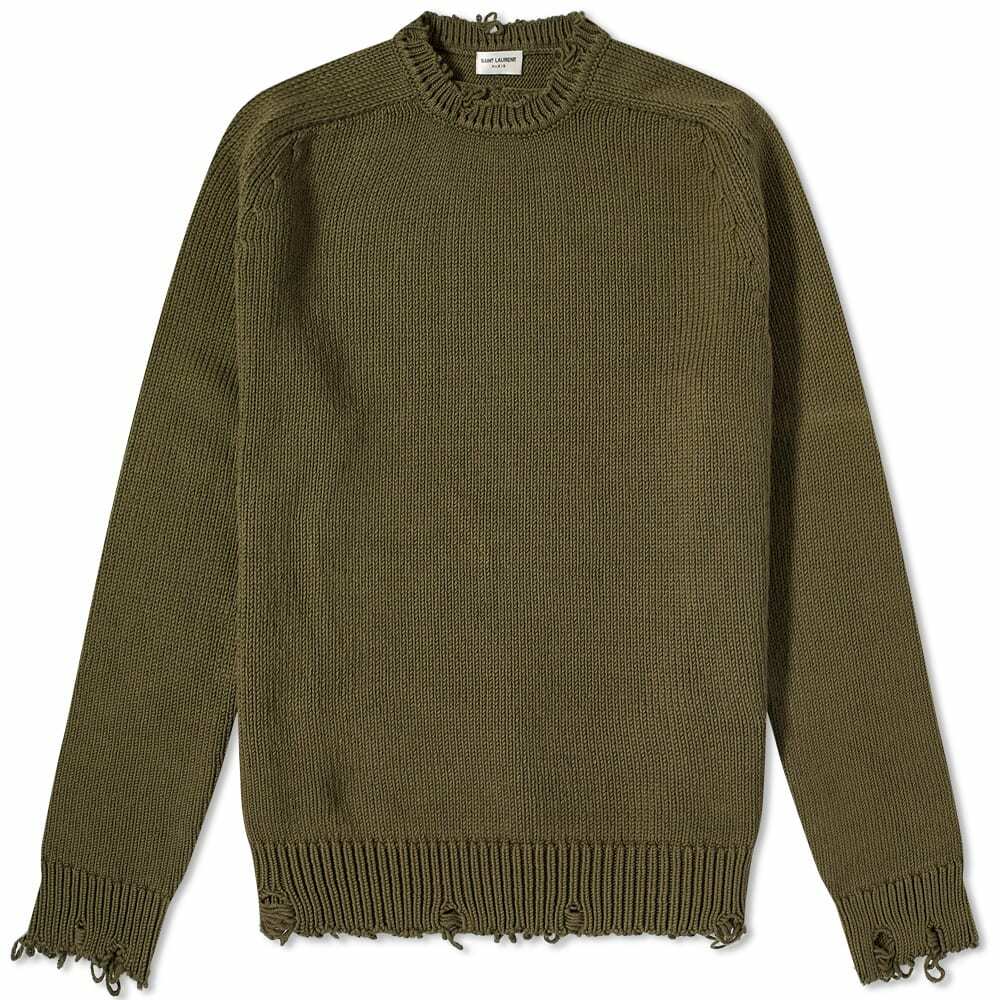 Saint Laurent Men's Distressed Crew Knit in Khaki Saint Laurent