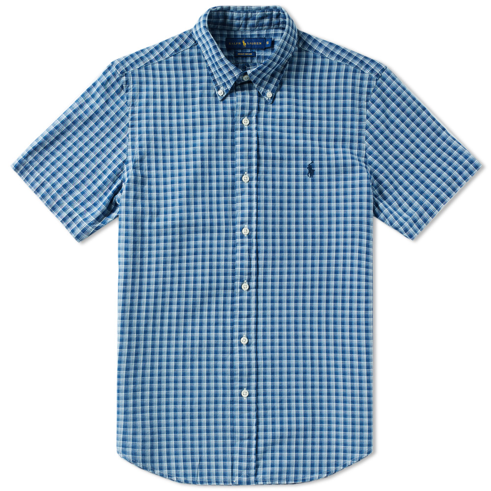 Ralph Lauren Gingham Check Short Sleeve Button Down Check Shirt Men's Size L unclear Blue type light blue Vintage Second Hand