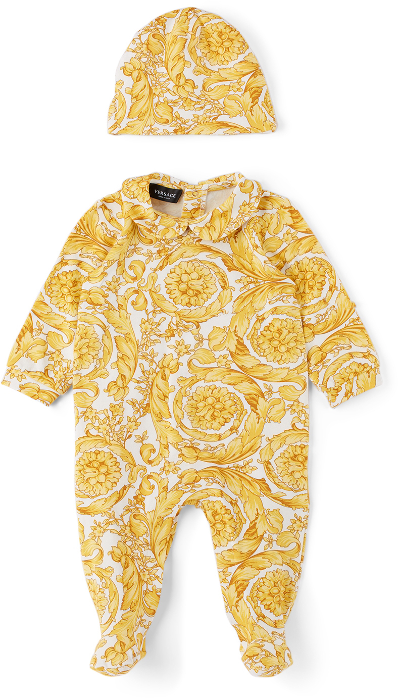 maak een foto woede pakket Versace Baby White & Yellow Barocco Bodysuit Set Versace
