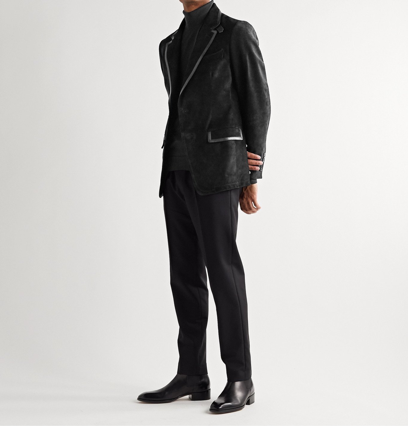 TOM FORD - Slim-Fit Leather-Trimmed Suede Blazer - Black TOM FORD