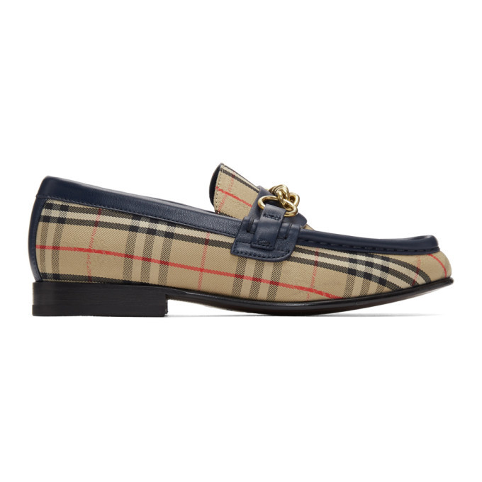 Burberry Beige and Navy Moorely Check Loafers Burberry