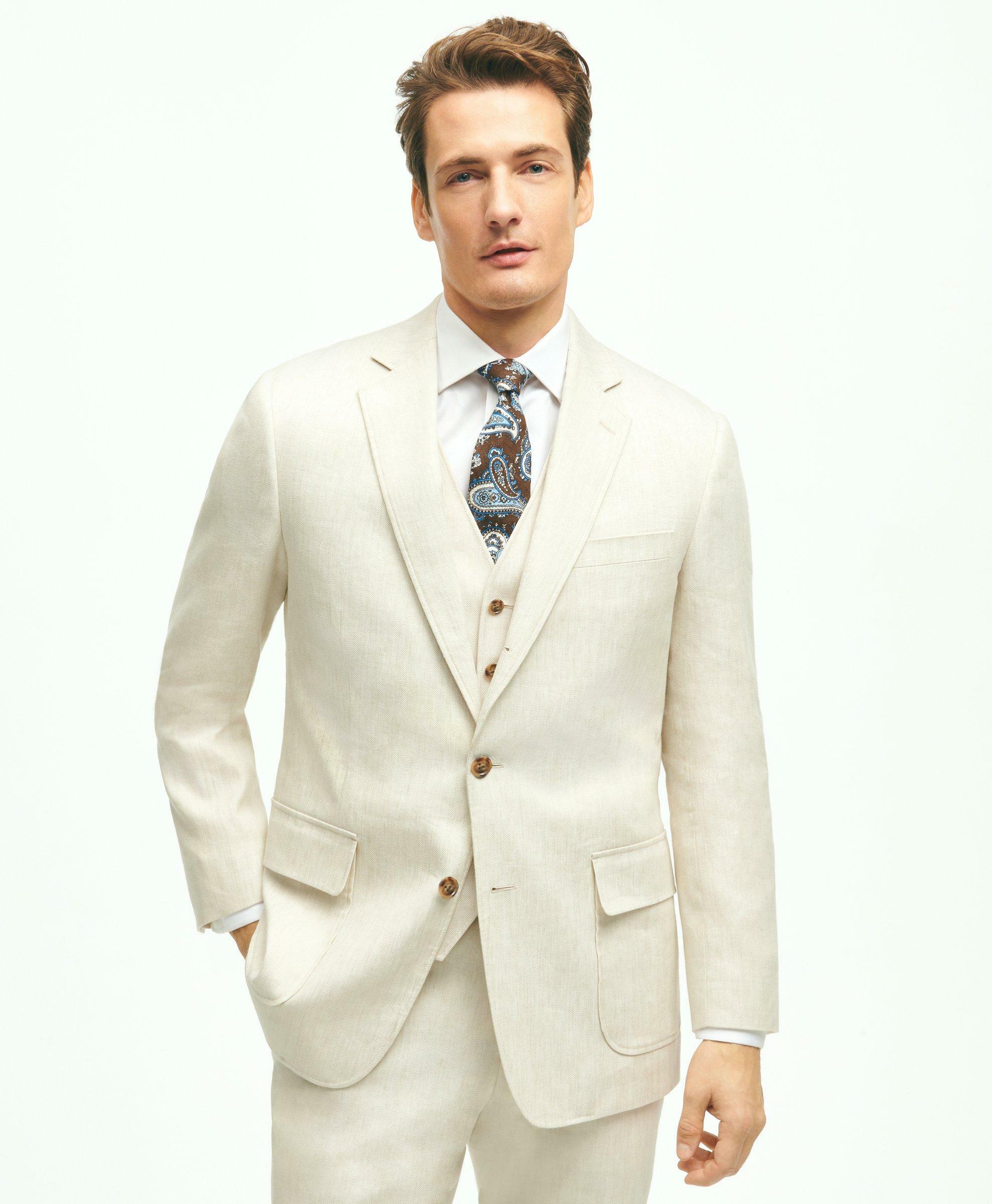 Brooks Brothers Men's Regent Fit Linen Cotton Herringbone Suit Jacket | Beige