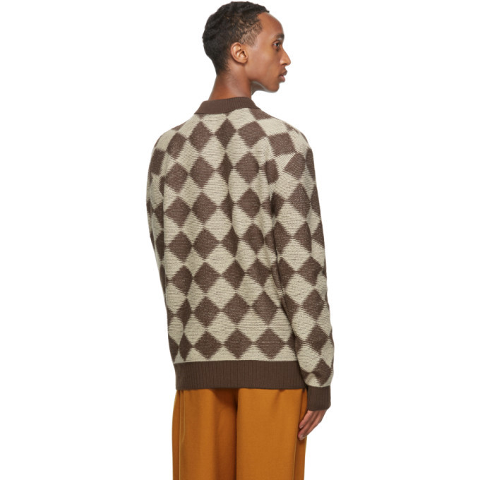 Beige Wool Check Long Sleeve Polo Needles