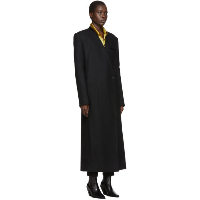black collarless coat