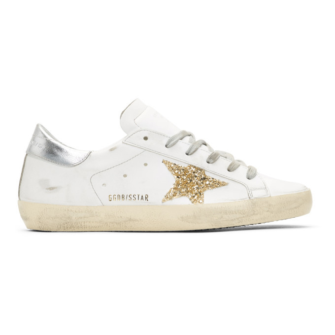 golden goose white & silver glitter tab superstar sneakers