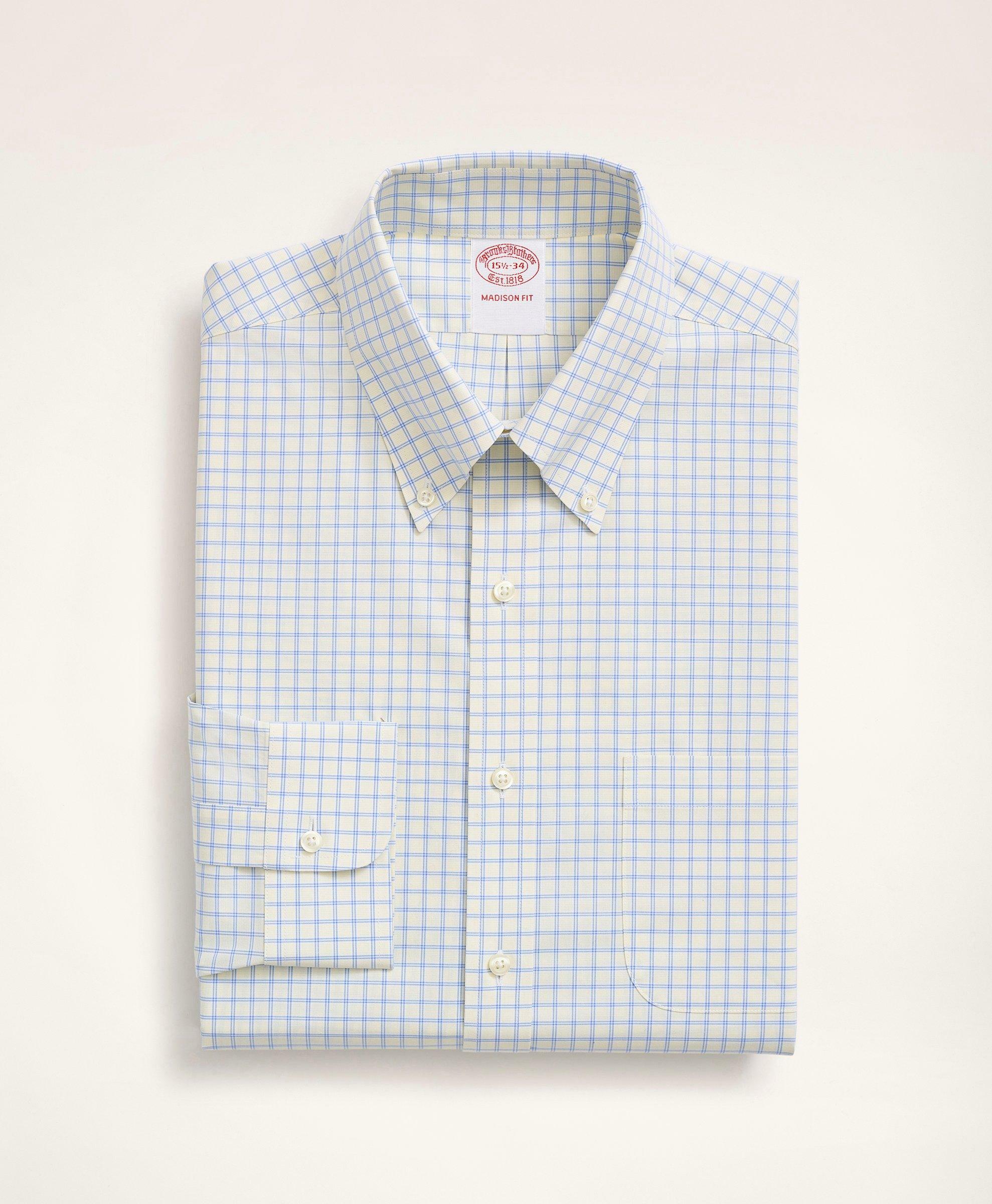 Brooks Brothers Men's Stretch Madison Relaxed-Fit Dress Shirt, Non-Iron Poplin Button-Down Collar Grid Check | Yellow/Blue