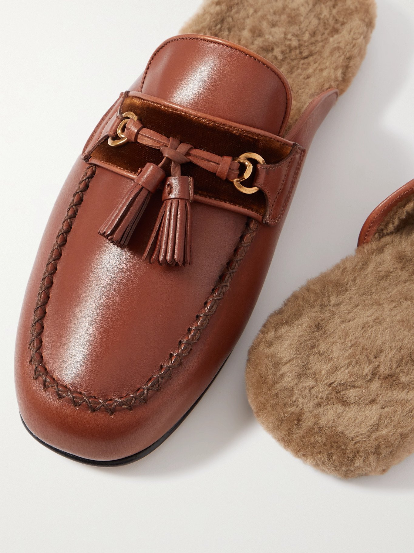 TOM FORD - Stephan Shearling-Lined Leather Tasselled Backless Loafers -  Brown - UK 8 TOM FORD