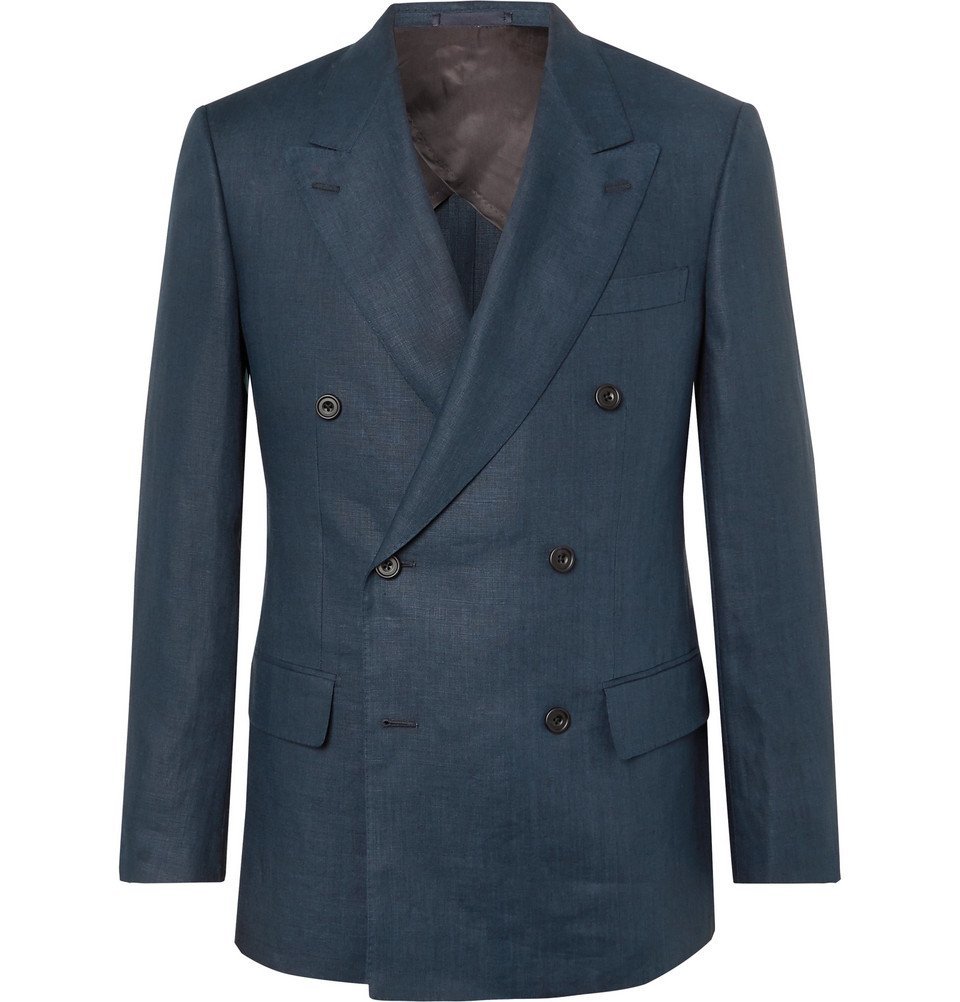 navy linen double breasted blazer