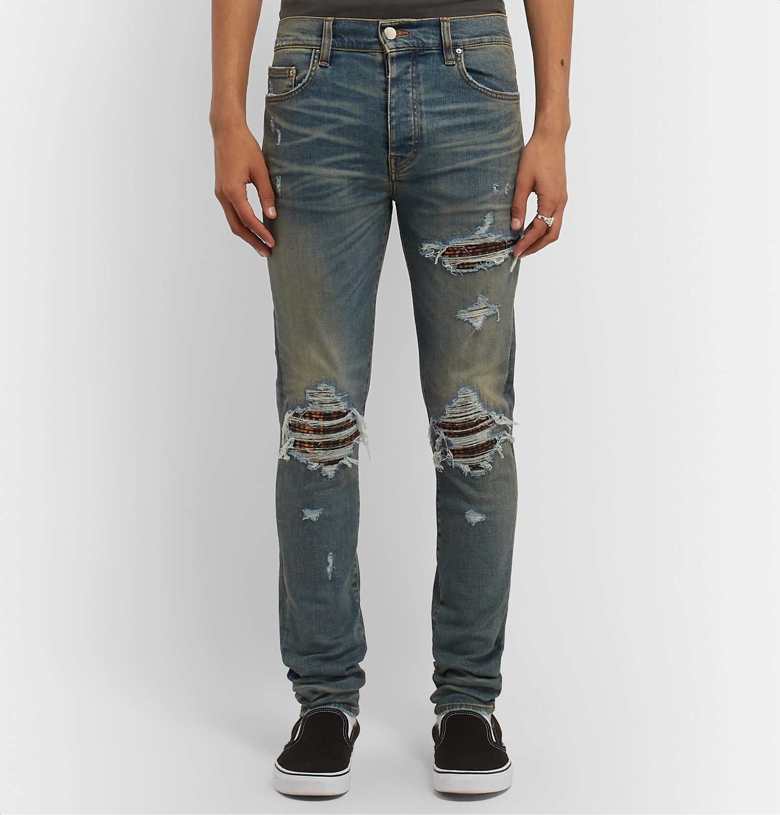 AMIRI - MX1 Skinny-Fit Panelled Distressed Stretch-Denim Jeans - Blue Amiri