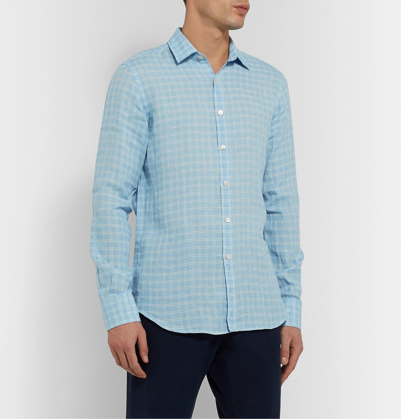 Canali Checked Linen Shirt Blue Canali