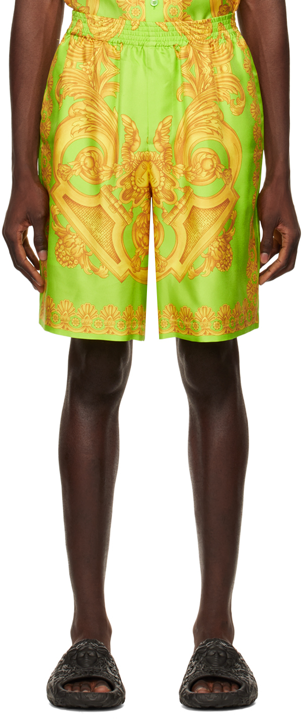 Versace Green & Gold Barocco Shorts Versace