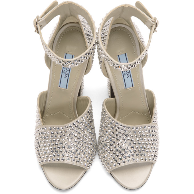 Prada Silver Crystal Embellished Strappy Heeled Sandals Prada