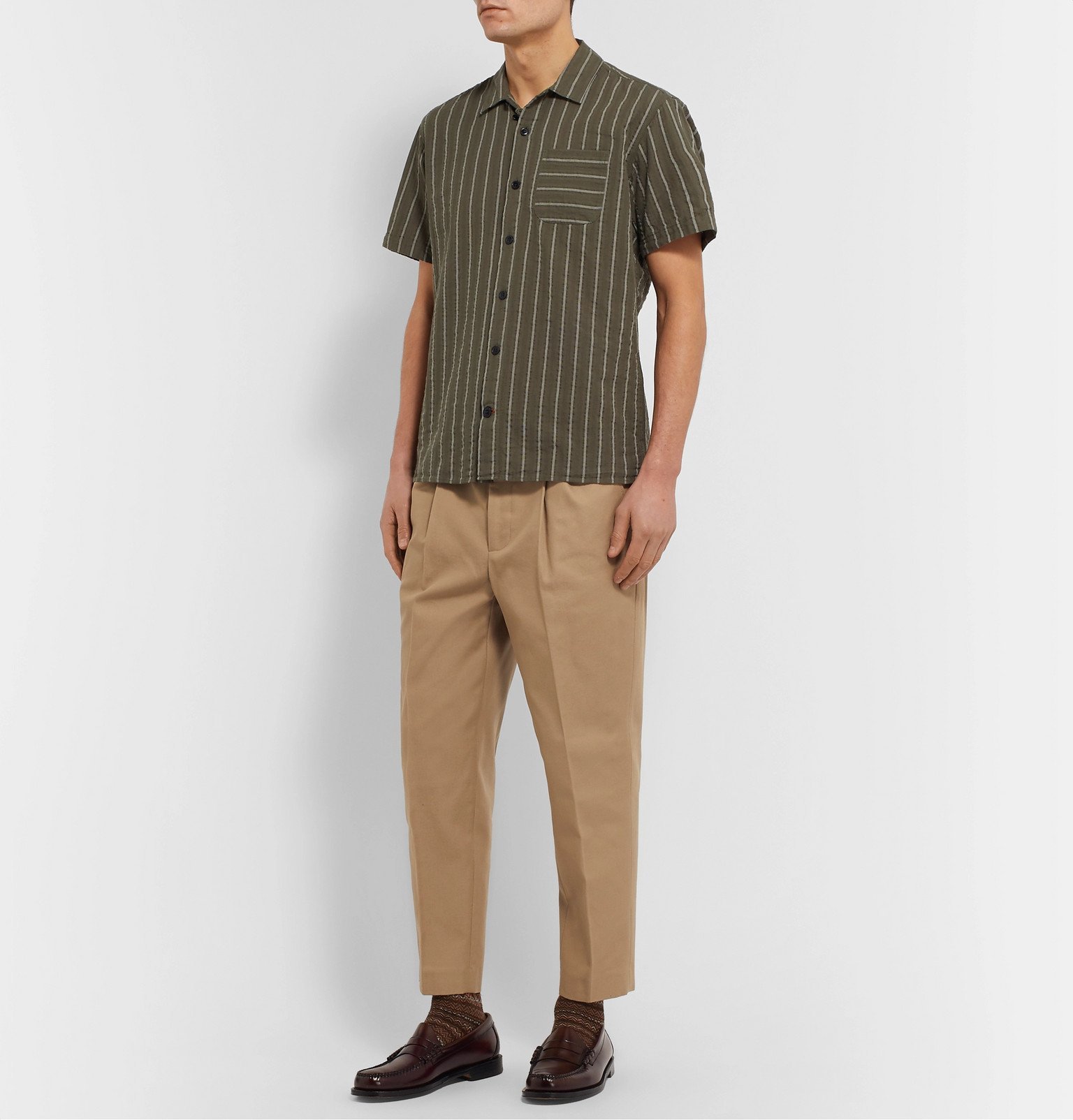 Oliver Spencer - Camp-Collar Striped Organic Cotton-Seersucker Shirt - Green