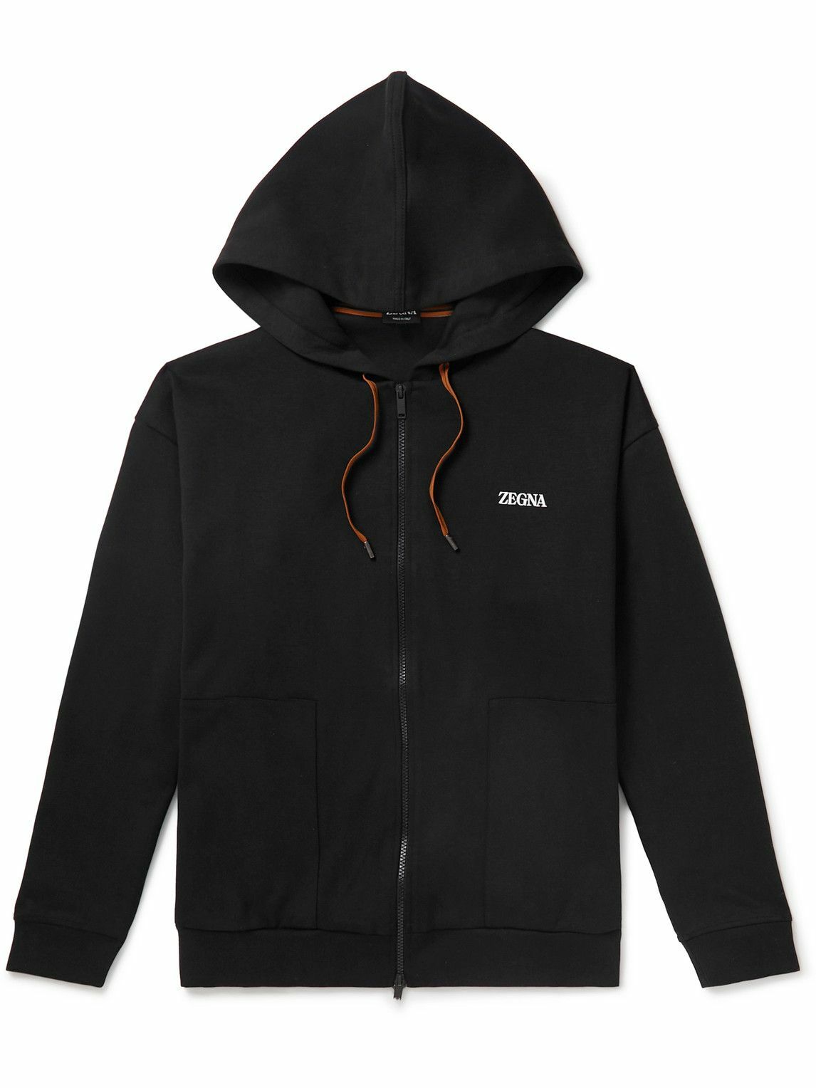 Zegna - Logo-Flocked Cotton-Blend Jersey Zip-Up Hoodie - Black Zegna