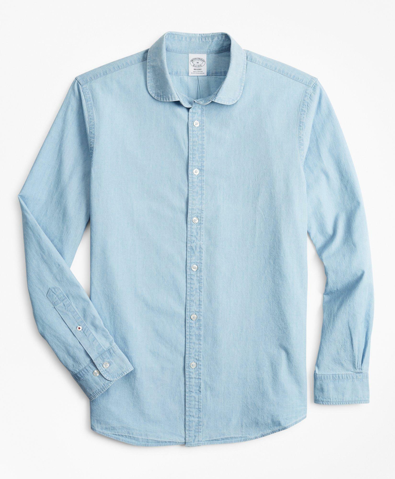 Brooks Brothers Men's Regent Regular-Fit Sport Shirt, Golf Collar Chambray | Light Blue