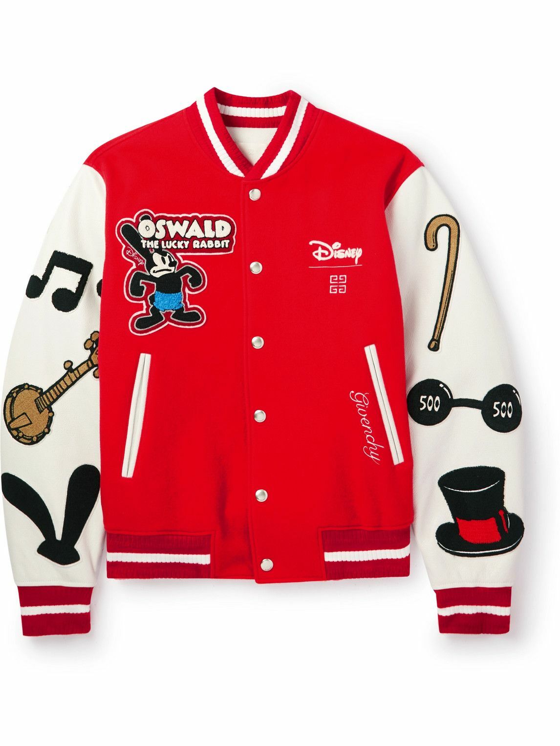 Photo: Givenchy - Disney Oswald Patchwork Leather-Trimmed Wool-Blend Bomber Jacket - Red