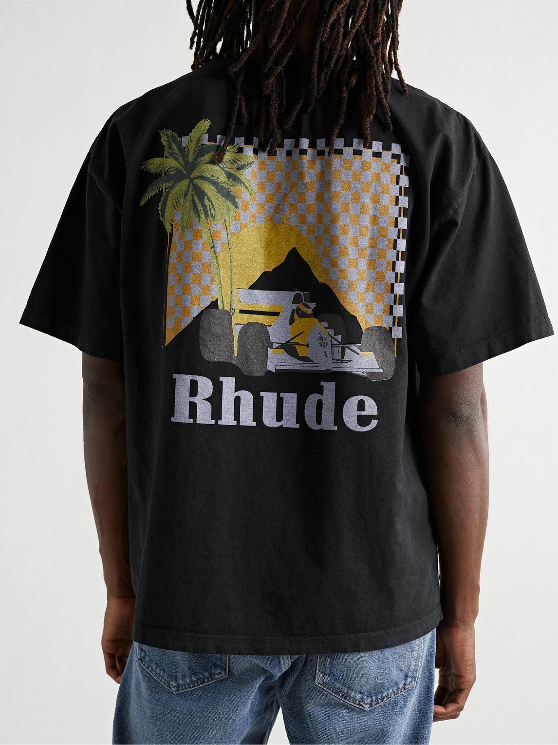 Rhude Racing Tree Rhude - Moonlight Tropics Logo-Print Cotton-Jersey T-Shirt - Black Rhude