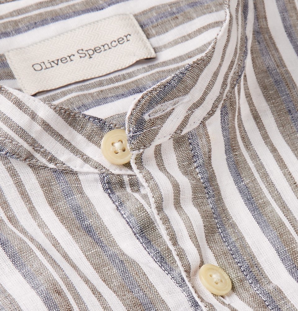 Oliver Spencer - Grandad-Collar Striped Cotton and Linen-Blend Shirt - Men - Green
