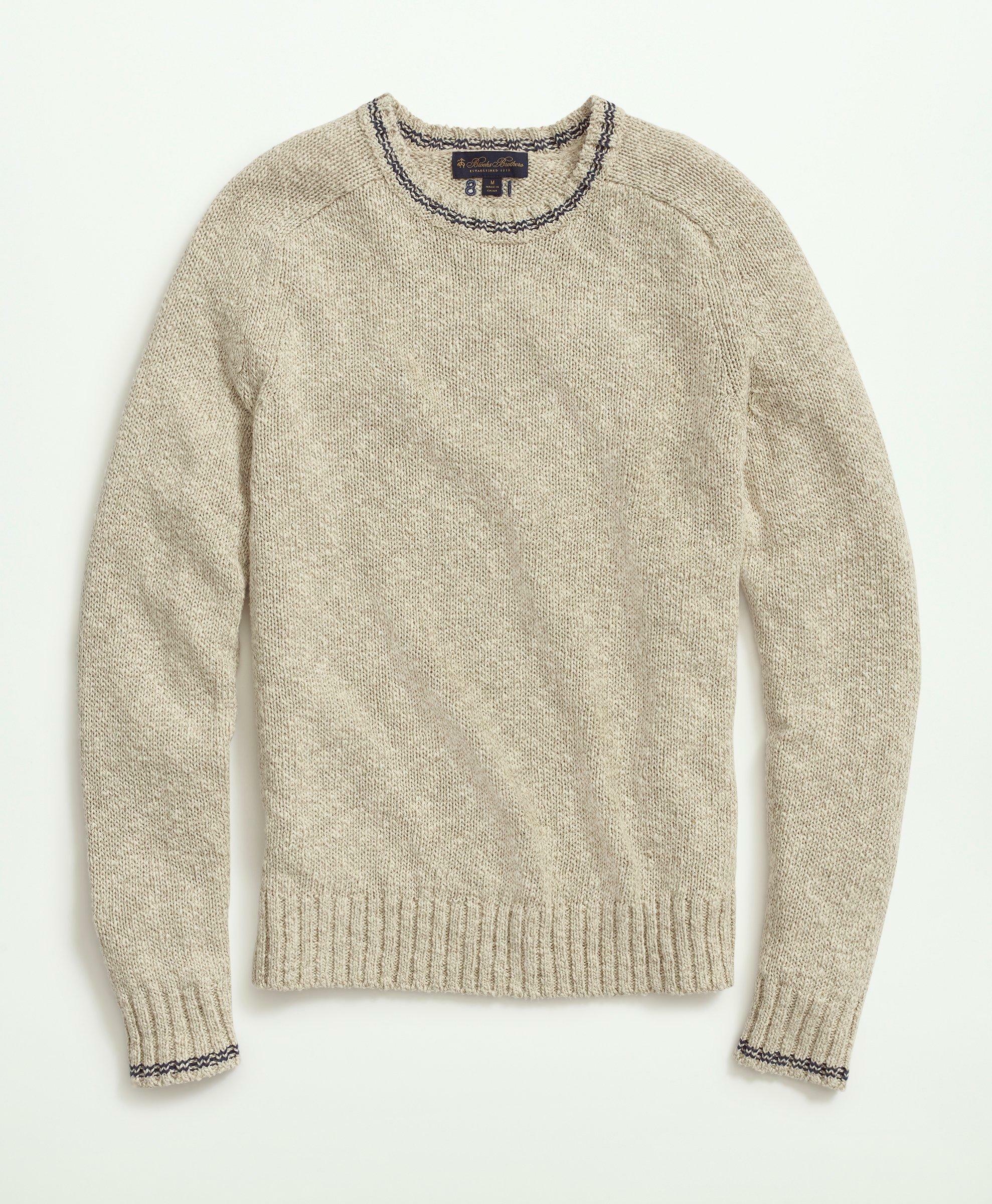 Photo: Brooks Brothers Men's Cotton-Linen Tipped Jacquard Crewneck Sweater | Oatmeal