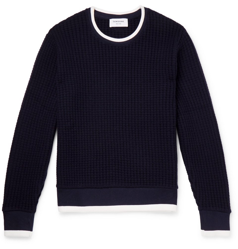 Thom Browne - Contrast-Tipped Waffle-Knit Wool Sweater - Navy Thom Browne