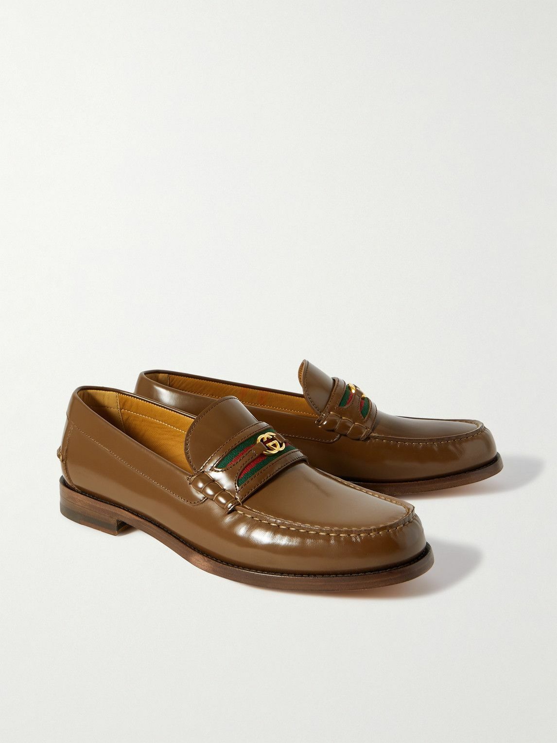 GUCCI - Kaveh Webbing-Trimmed Leather Loafers - Brown Gucci