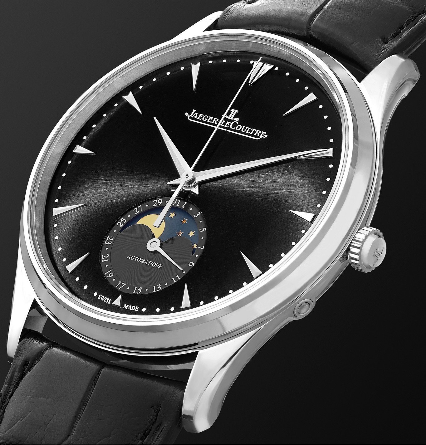 JaegerLeCoultre Master Ultra Thin Moon Automatic 39mm Stainless Steel and Leather Watch, Ref