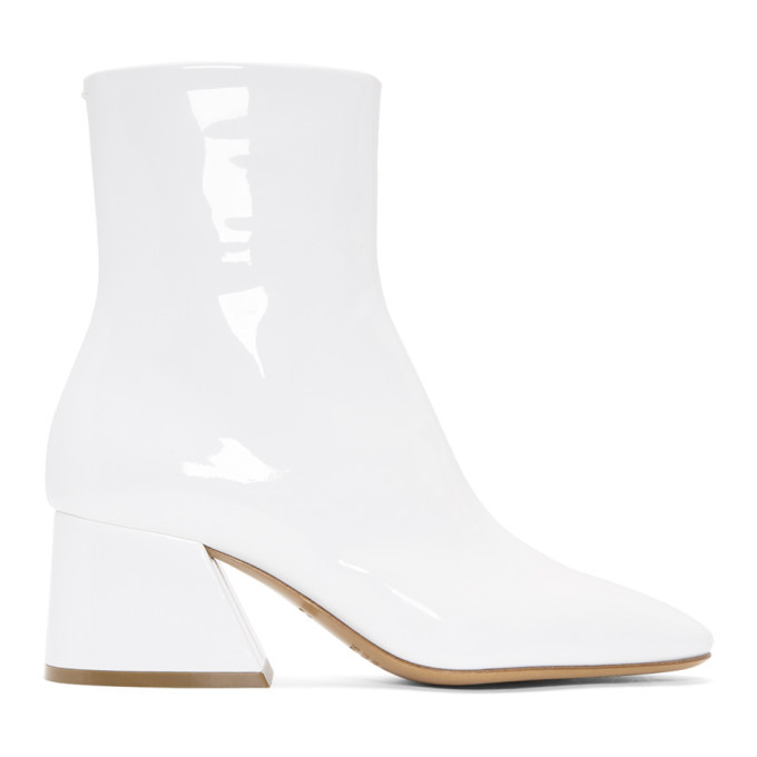 white flared heel boots