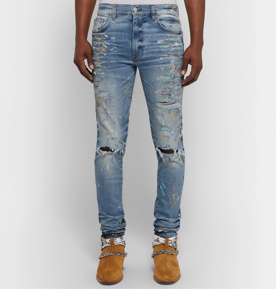 AMIRI - Skinny-Fit Distressed Paint-Splattered Stretch-Denim Jeans ...