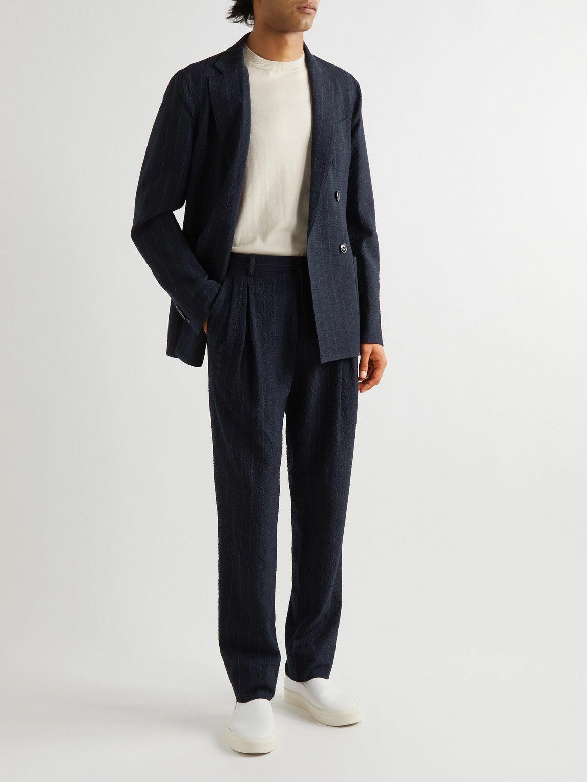 Giorgio Armani - Straight-Leg Pleated Pinstriped Virgin Wool-Blend Seersucker  Suit Trousers - Blue Giorgio Armani