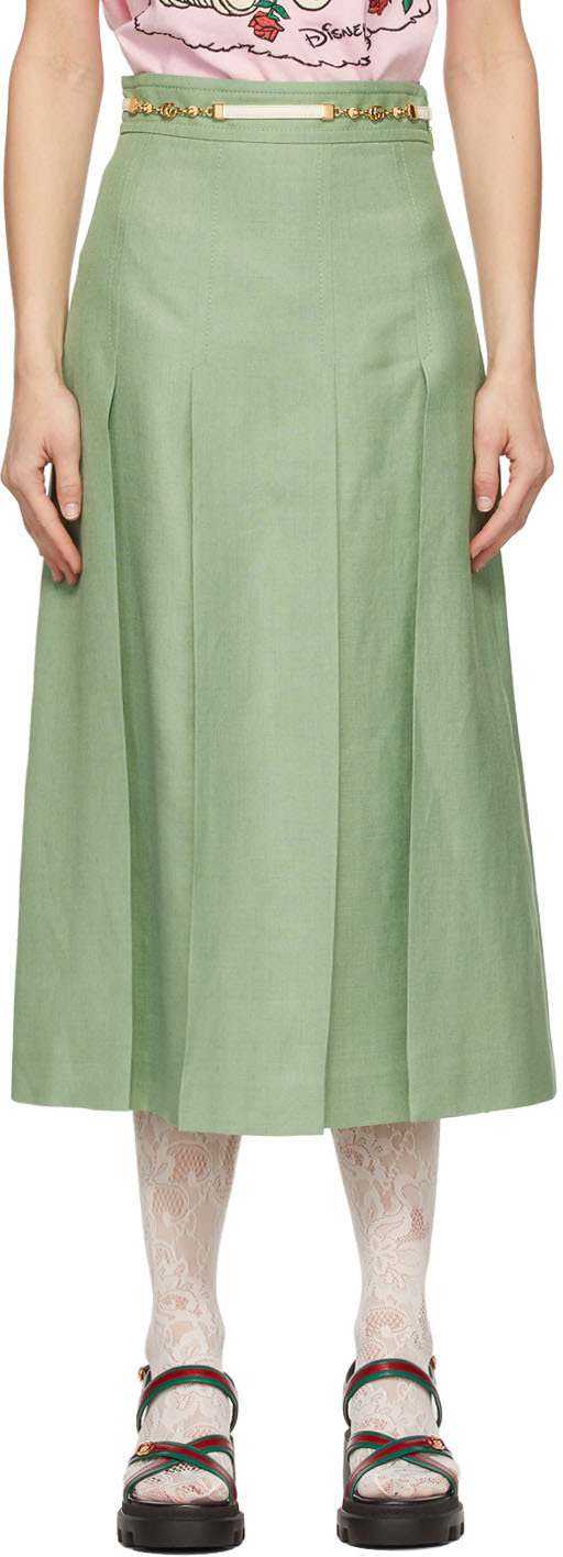 Gucci Green Viscose & Linen Pleated Skirt Gucci