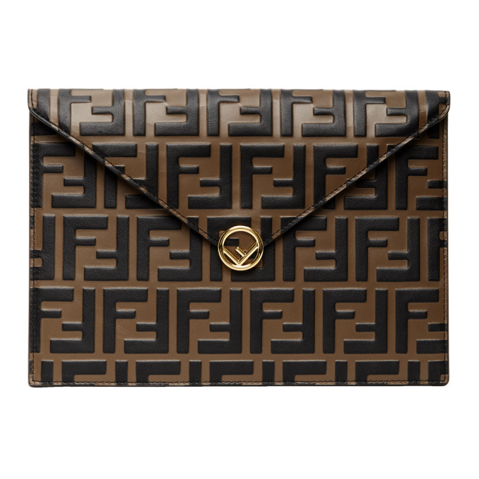 Fendi Brown and Black Forever Fendi Embossed Envelope Pouch Fendi