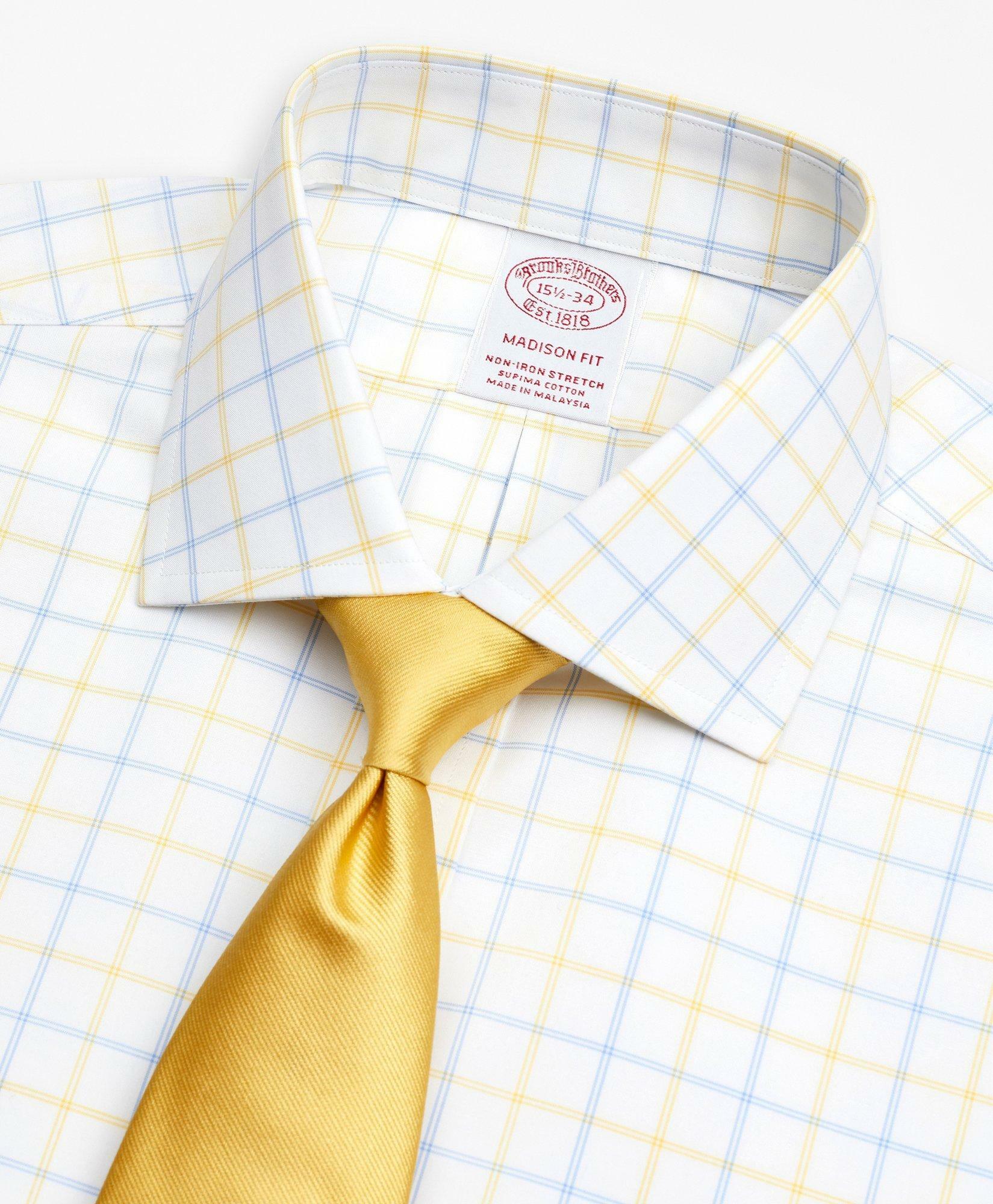 Brooks Brothers Men's Stretch Madison Relaxed-Fit Dress Shirt, Non-Iron Poplin English Collar Double-Grid Check | Yellow