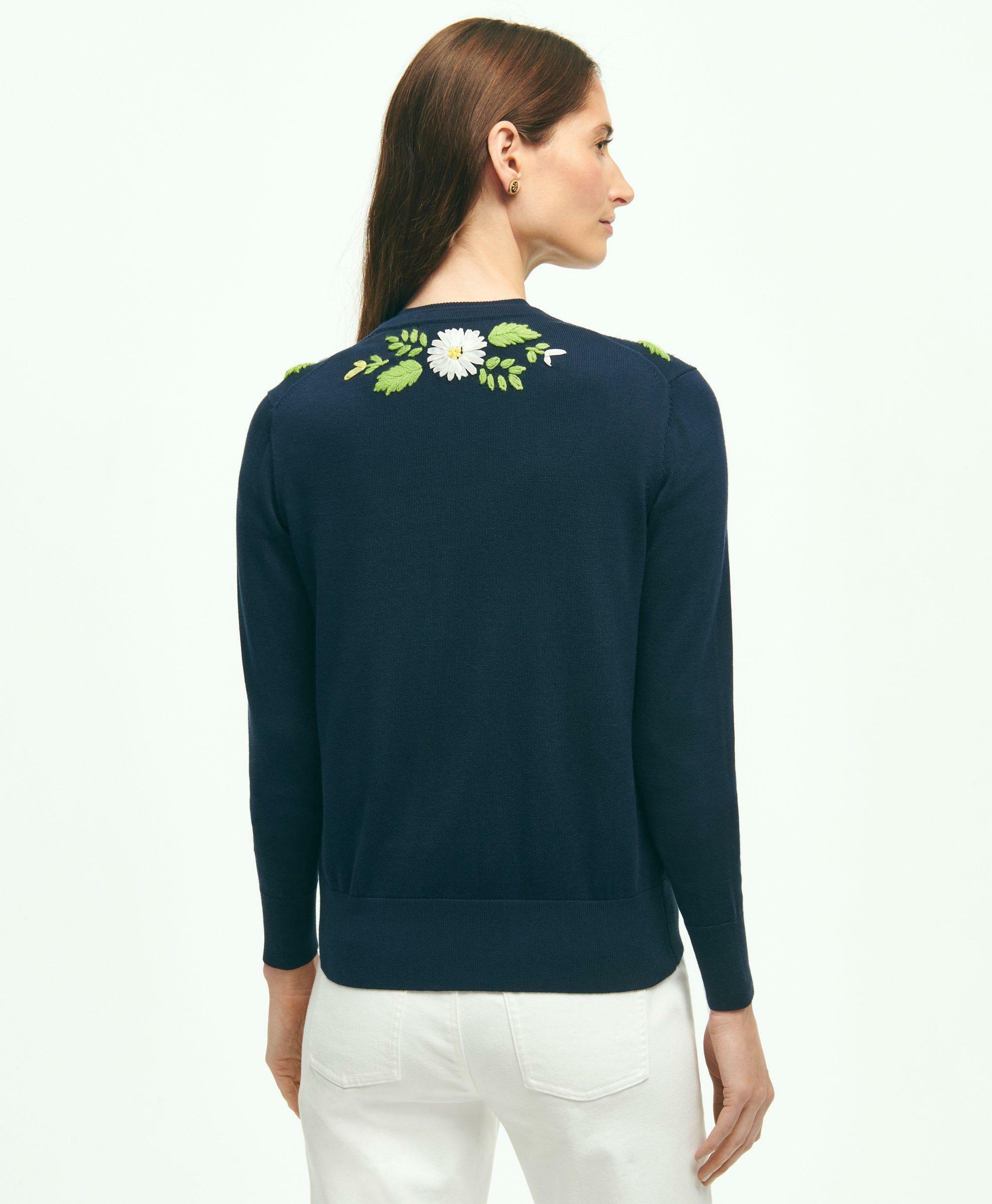 Brooks Brothers Women's Supima Cotton Floral Embroidered Cardigan Sweater | Navy