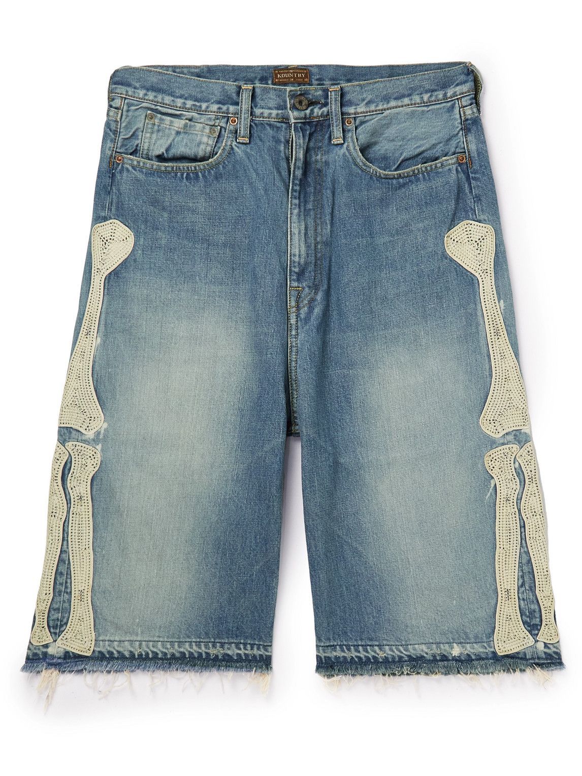 KAPITAL WideLeg Distressed Appliquéd Denim Shorts Blue KAPITAL