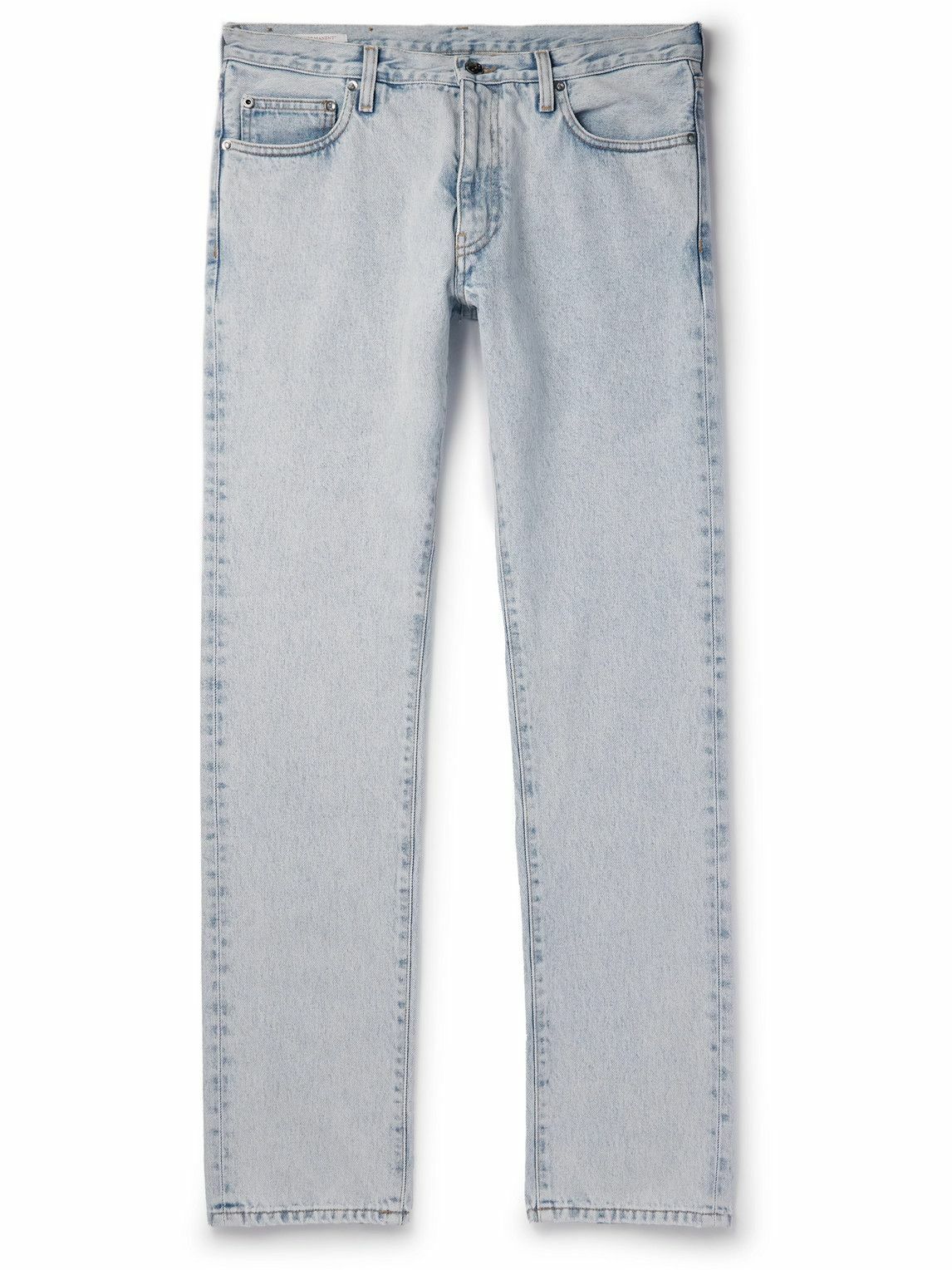 Photo: Off-White - Single Arrow Straight-Leg Suede-Trimmed Printed Jeans - Blue