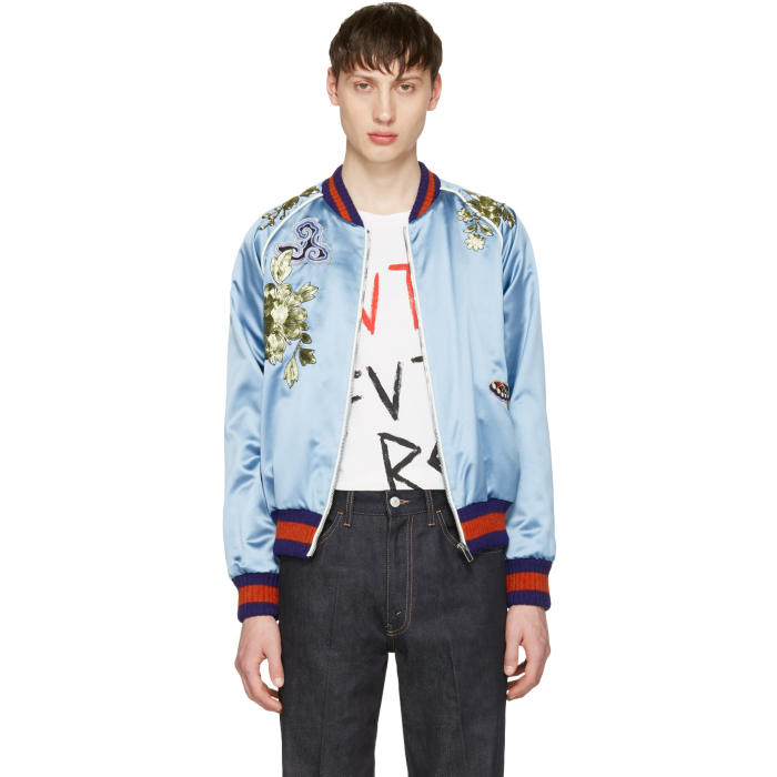 Gucci Blue Embroidered Silk Bomber 