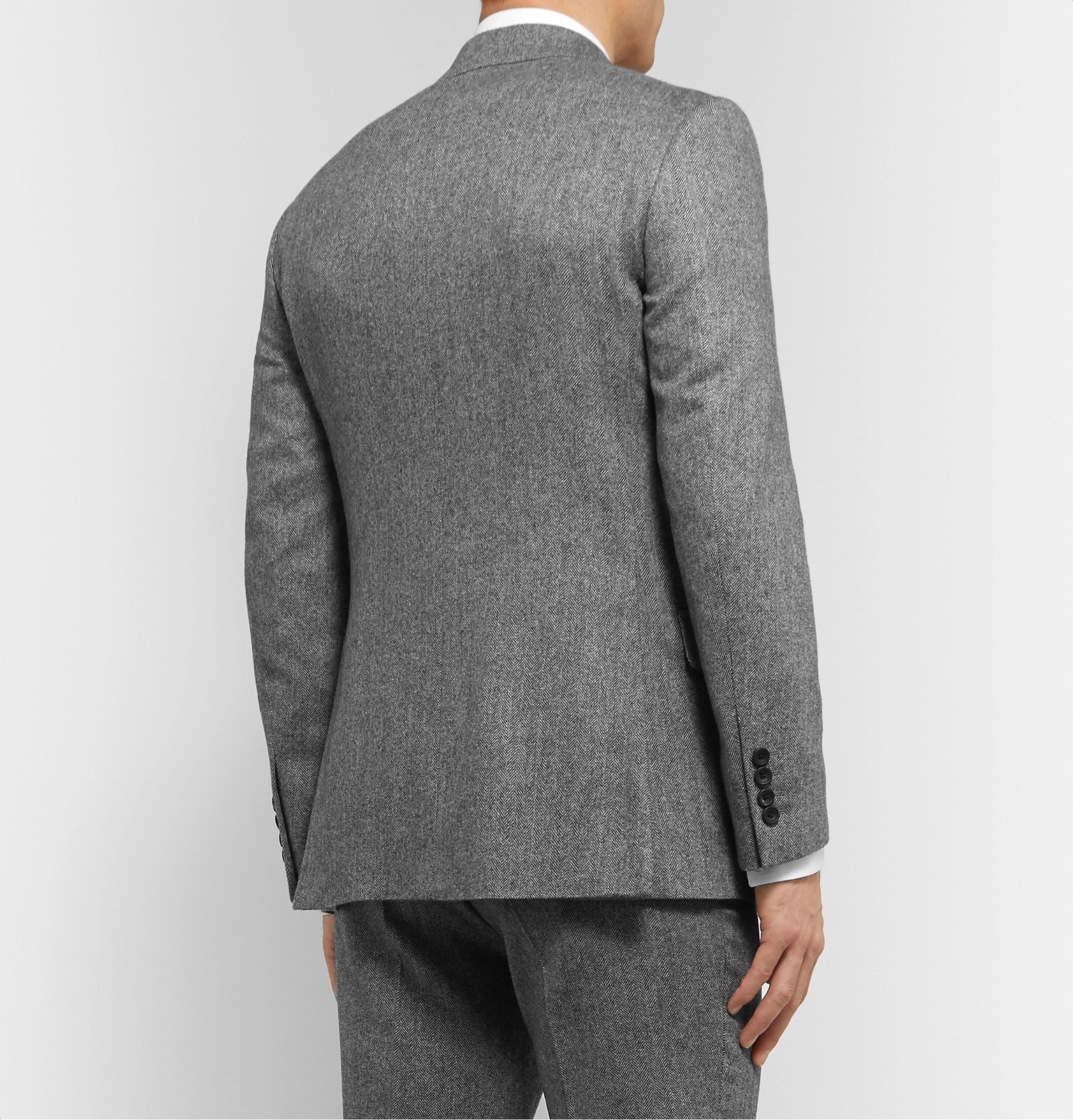 Kingsman - Grey Slim-Fit Double-Breasted Herringbone Wool and Cashmere ...