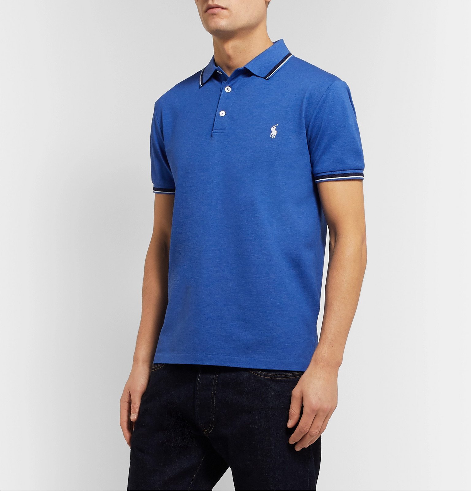 Polo Ralph Lauren - Slim-Fit Contrast-Tipped Stretch-Cotton Piqué Polo Shirt  - Blue Polo Ralph Lauren