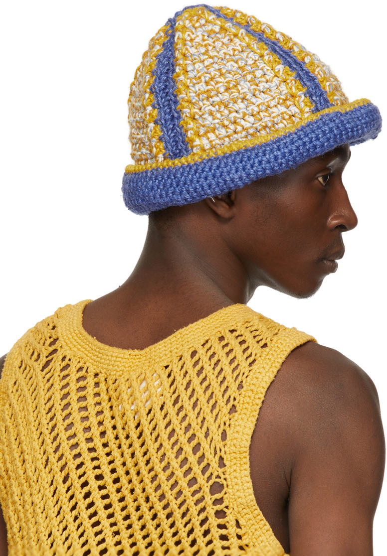 Nicholas Daley Blue  Yellow Hand-Crochet Bucket Hat Nicholas Daley